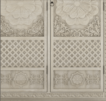 Hand Carved White Color Three Door Sunflower Design Armoire Armoire - Bone Inlay Furnitures