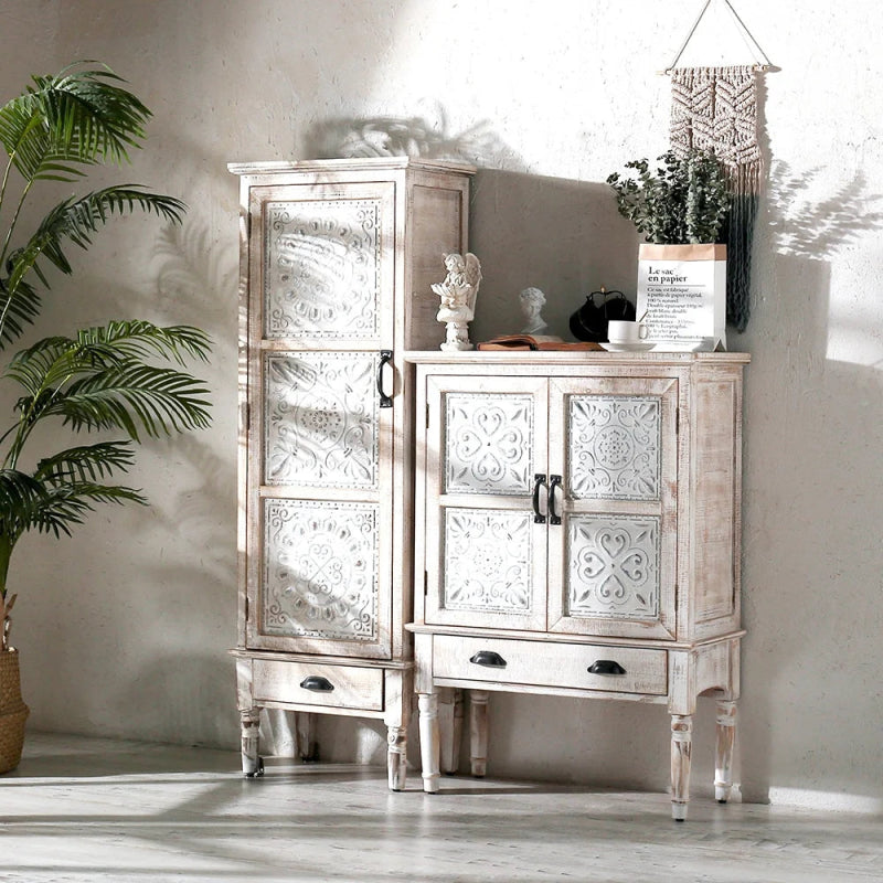 Hand Carved White Wood Display Cabinet with Storage Curio Accent Door Cabinet Cabinet - Bone Inlay Furnitures