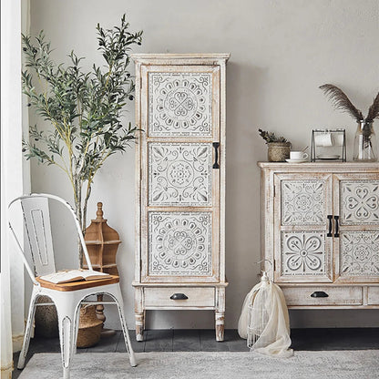 Hand Carved White Wood Display Cabinet with Storage Curio Accent Door Cabinet Cabinet - Bone Inlay Furnitures