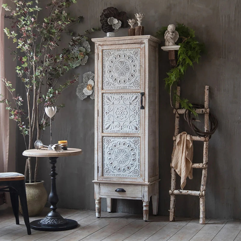 Hand Carved White Wood Display Cabinet with Storage Curio Accent Door Cabinet Cabinet - Bone Inlay Furnitures