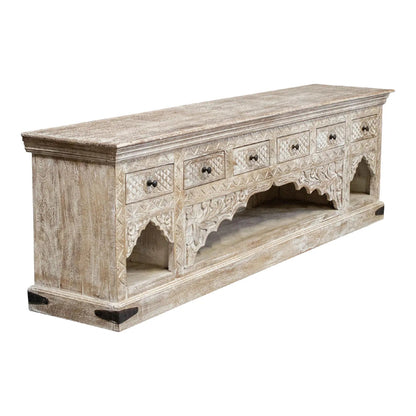 Hand Carved Whitewashed Low Sideboard Buffet & Sideboard - Bone Inlay Furnitures