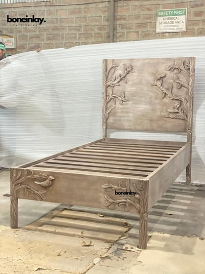 Hand - Carved Wooden Ornithrologie Bed Frame with Headboard Beds & Bed Frames - Bone Inlay Furnitures