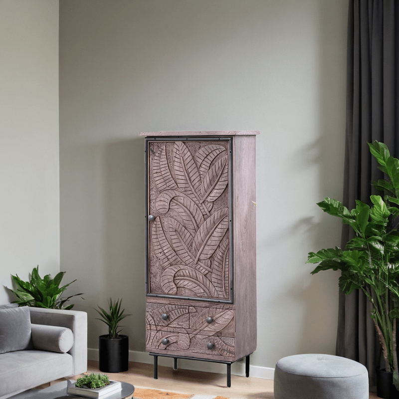 Hand Crafted Wooden Cabinet with Leaf Pattern - Unique Furniture for Your Home Cabinet - Bone Inlay Furnitures