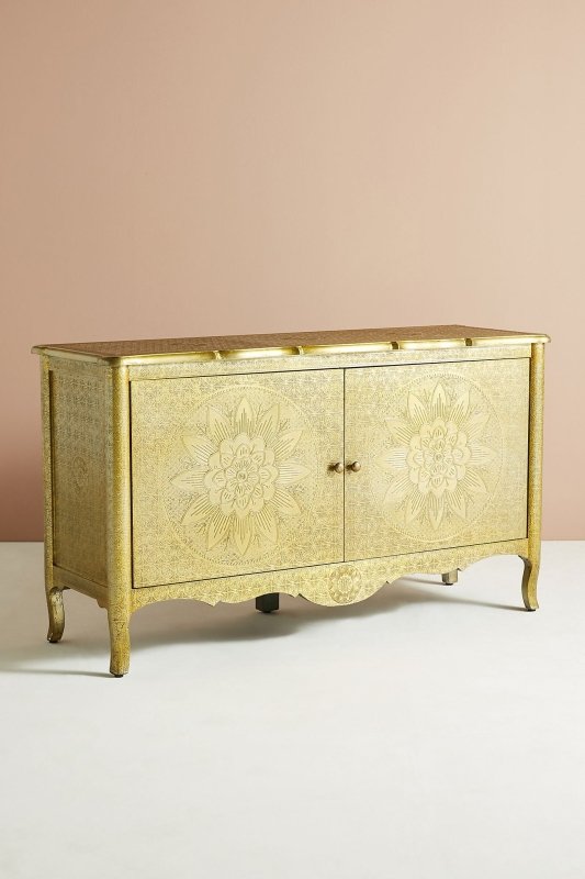 Hand-Embossed Lotus Buffet Table in Golden Metal | Indian Brass Metal Sideboard Buffet & Sideboard - Bone Inlay Furnitures