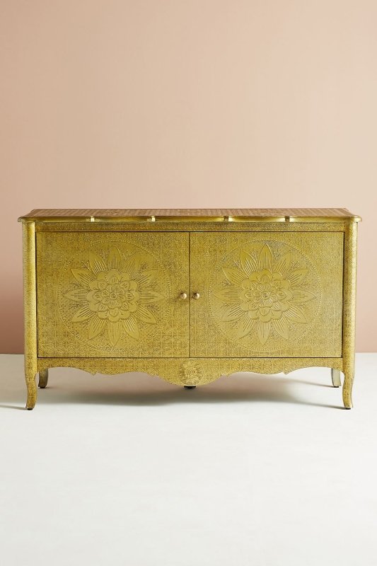 Hand-Embossed Lotus Buffet Table in Golden Metal | Indian Brass Metal Sideboard Buffet & Sideboard - Bone Inlay Furnitures