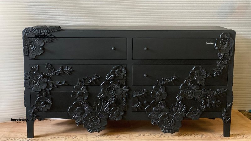 Handcarved Black Enchantment Six Drawers Dresser Drawer Dresser - Bone Inlay Furnitures