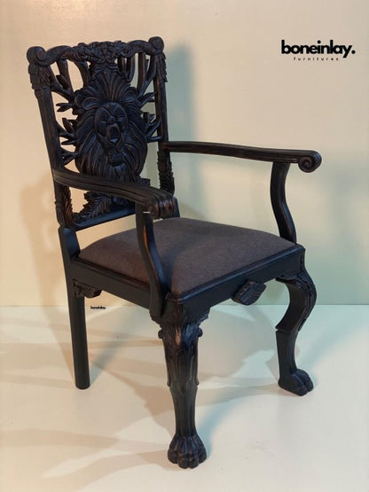 Handcarved Black Menagerie Lion Dining Chair Dining Chair - Bone Inlay Furnitures