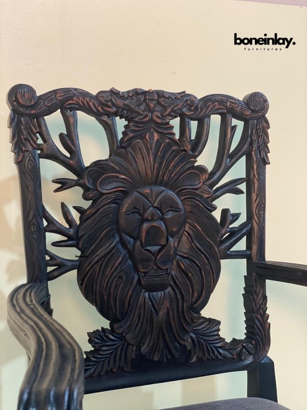 Handcarved Black Menagerie Lion Dining Chair Dining Chair - Bone Inlay Furnitures