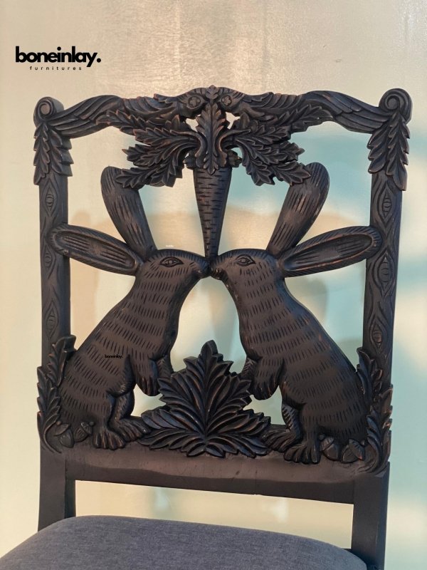 Handcarved Menagerie Bunny Dining Chair | Handcraved Wooden Dining Room Decor Chair - Bone Inlay Furnitures