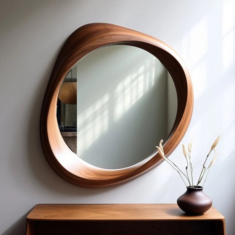 Handcrafted Asymmetrical Walnut Brown Wooden Frame Mirror | Irregular Mirror mirror frame - Bone Inlay Furnitures