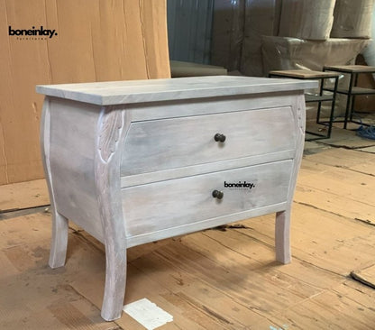 Handcrafted White Wooden Menagerie Nightstand with Curved Legs Nightstand table - Bone Inlay Furnitures