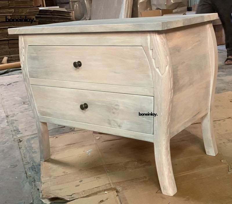 Handcrafted White Wooden Menagerie Nightstand with Curved Legs Nightstand table - Bone Inlay Furnitures