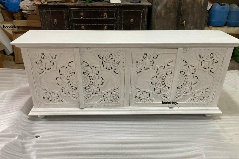 Handcrafted Whitewashed Wooden Cabinet with Intricate Floral Carving Cabinet - Bone Inlay Furnitures