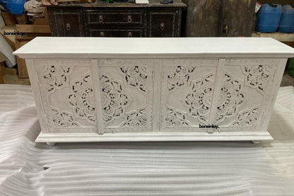 Handcrafted Whitewashed Wooden Cabinet with Intricate Floral Carving Cabinet - Bone Inlay Furnitures