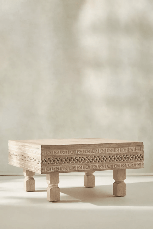 Handcrafted Wooden Bajot Table - Traditional Low Coffee Table with Carved Details Coffee Table - Bone Inlay Furnitures