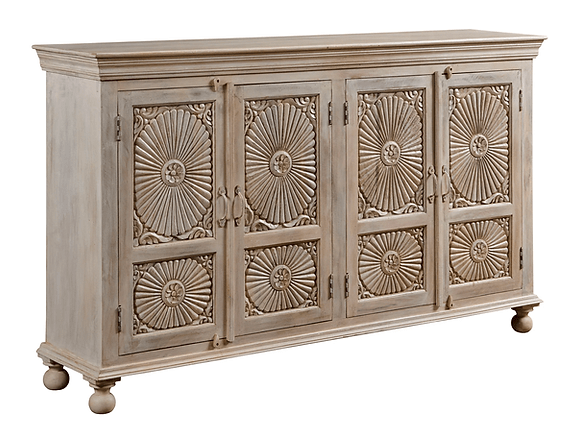 Handcrafted Wooden Sideboard with Sunburst Carvings - Rustic Storage Cabinet Sideboard - Bone Inlay Furnitures