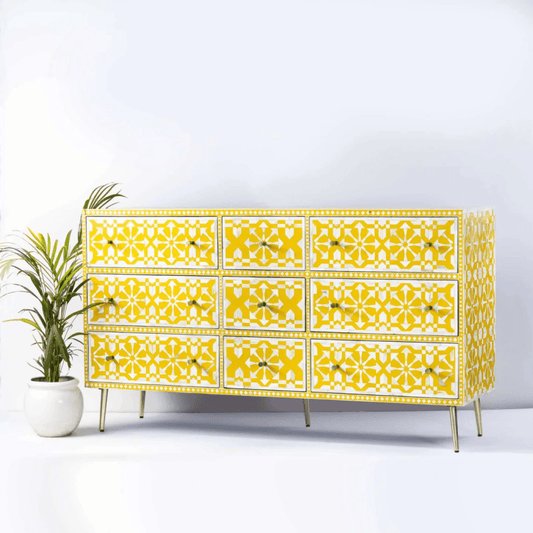 Handmade Bone Inlay Chest Of 9 Drawers in Yellow Color | Bone Inlay Storage Unit Chest of Drawers - Bone Inlay Furnitures