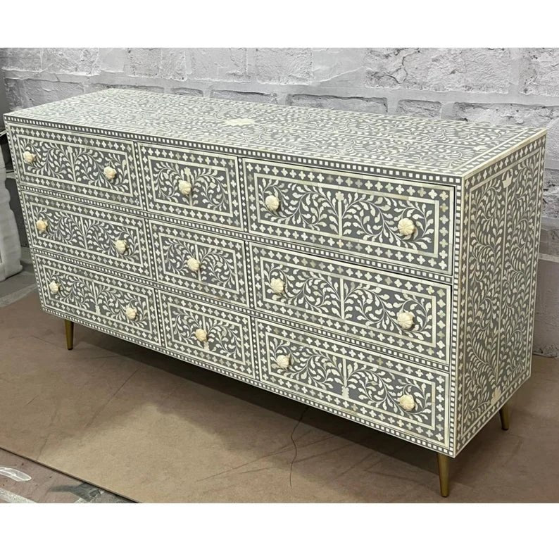 Handmade Bone Inlay Chest of Nine Drawers Dresser Chest of Drawers - Bone Inlay Furnitures