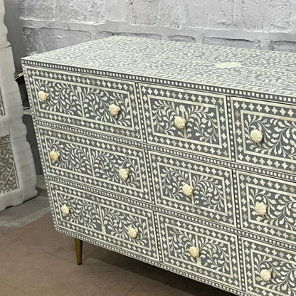 Handmade Bone Inlay Chest of Nine Drawers Dresser Chest of Drawers - Bone Inlay Furnitures