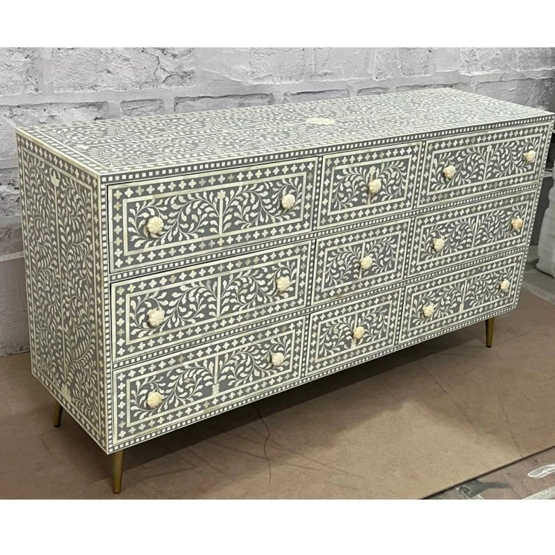 Handmade Bone Inlay Chest of Nine Drawers Dresser Chest of Drawers - Bone Inlay Furnitures