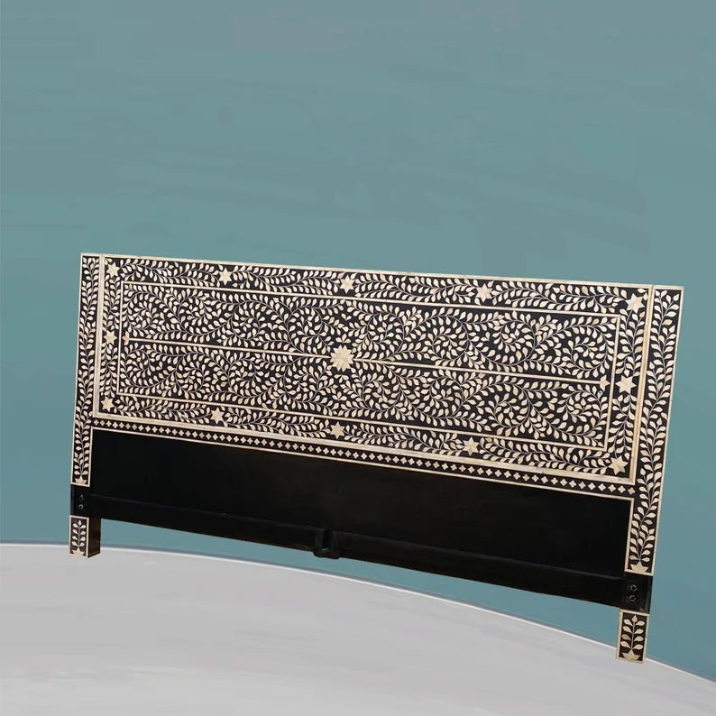 Handmade Bone Inlay Floral Design Black Headboard headboard - Bone Inlay Furnitures