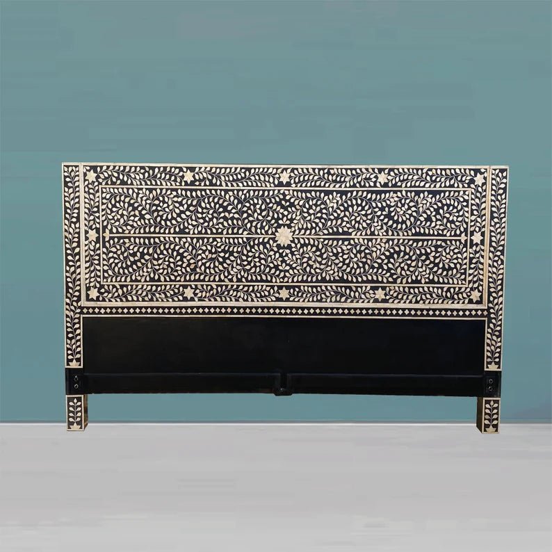 Handmade Bone Inlay Floral Design Black Headboard headboard - Bone Inlay Furnitures