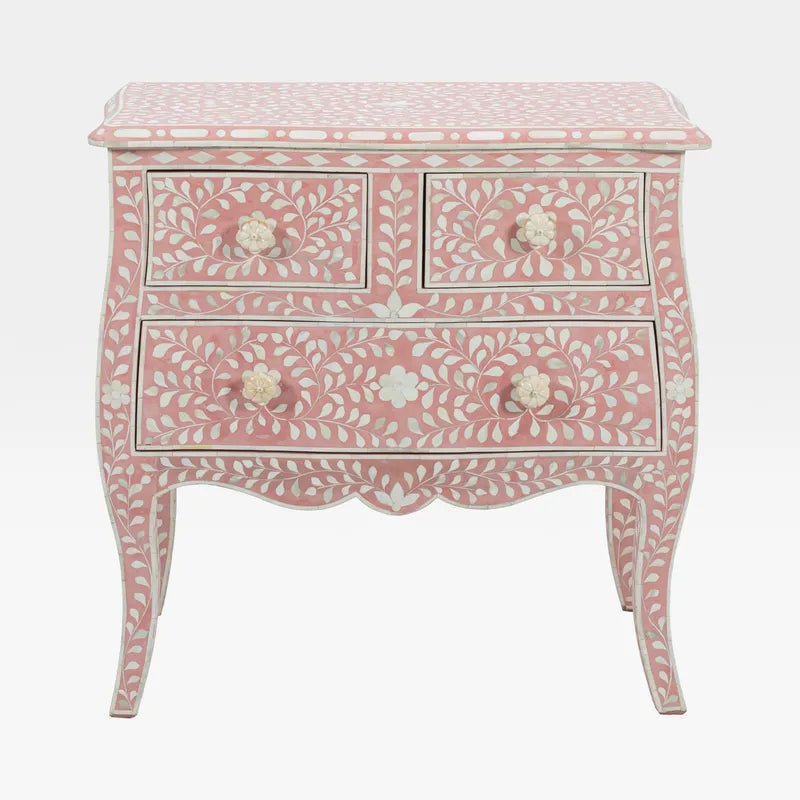 Handmade Bone Inlay French Style Nightstand in Floral Pattern with Three Drawer Nightstand - Bone Inlay Furnitures