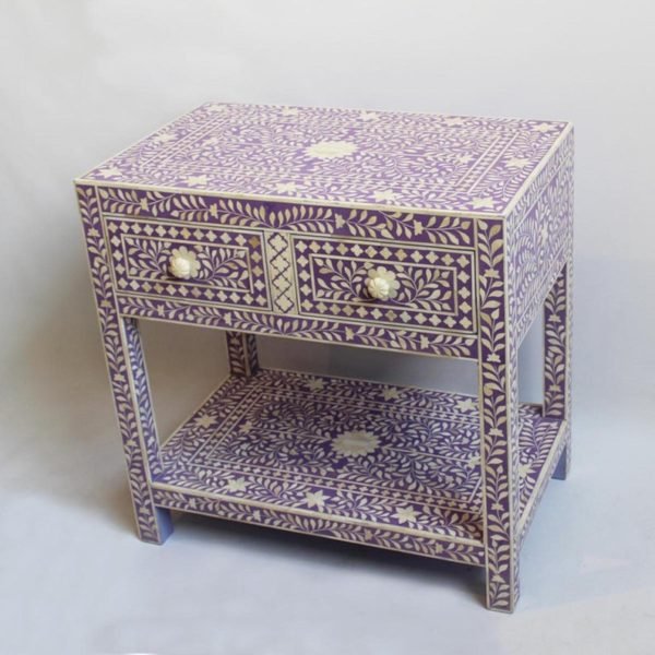 Handmade Bone Inlay Lavender Color Two Drawer Floral Design Bedside Table Nightstand - Bone Inlay Furnitures