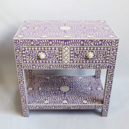 Handmade Bone Inlay Lavender Color Two Drawer Floral Design Bedside Table Nightstand - Bone Inlay Furnitures