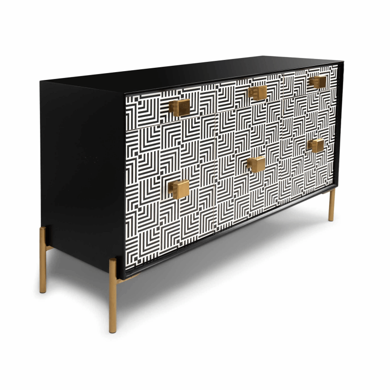 Handmade Bone Inlay Maze 3 Drawer 3 Door Credenza | Sideboard In Black & White Color Buffet & Sideboard - Bone Inlay Furnitures