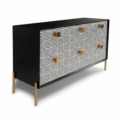 Handmade Bone Inlay Maze 3 Drawer 3 Door Credenza | Sideboard In Black & White Color Buffet & Sideboard - Bone Inlay Furnitures