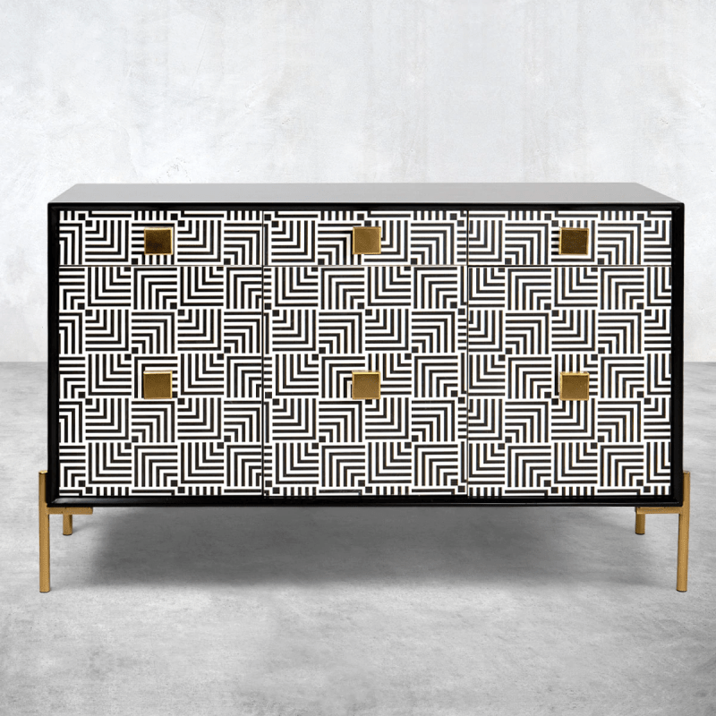 Handmade Bone Inlay Maze 3 Drawer 3 Door Credenza | Sideboard In Black & White Color Buffet & Sideboard - Bone Inlay Furnitures