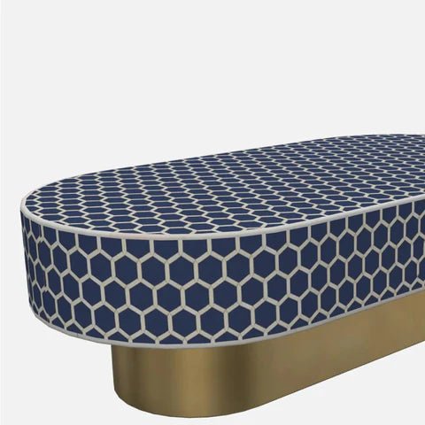 Handmade Bone Inlay Navy Blue Coffee Table With Brass Base Coffee Table - Bone Inlay Furnitures