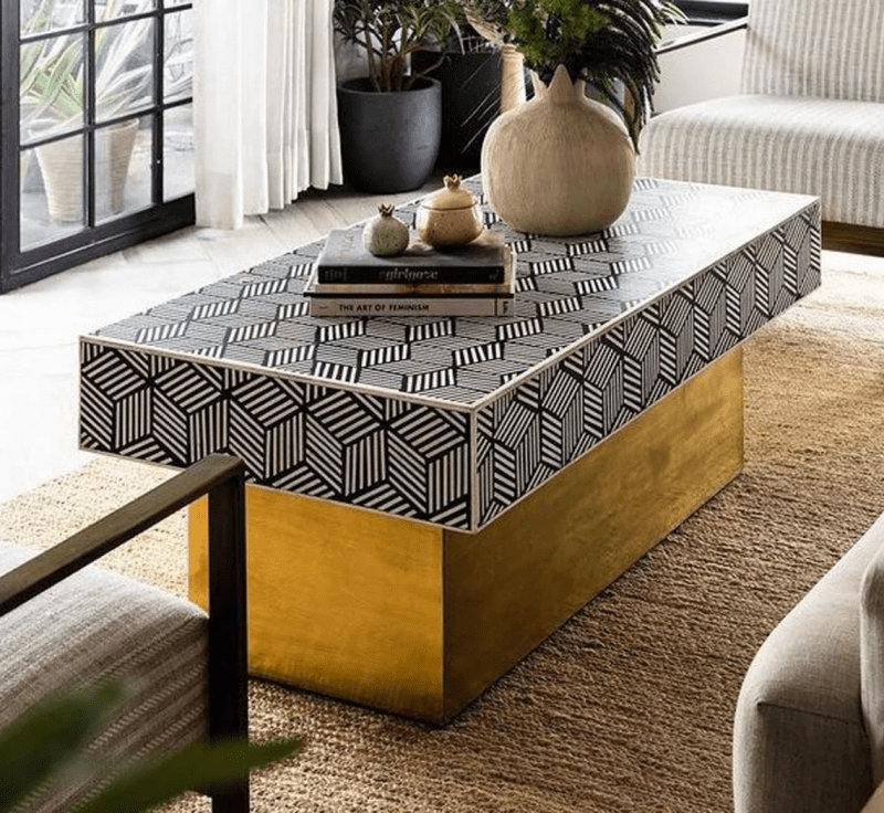 Handmade Bone Inlay Optical Rectangle Coffee Table Black Color | Bone Inlay Center Table Coffee Table - Bone Inlay Furnitures