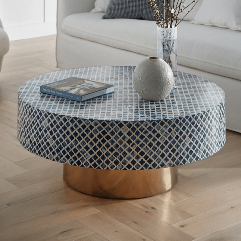 Handmade Bone Inlay Round Coffee Table Blue Color | Hand Crafted Center Table Coffee Table - Bone Inlay Furnitures