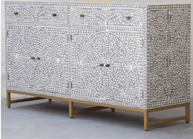 Handmade Bone Inlay Sideboard Mid Gray | Four Drawers and Four Door Scroll Vine Buffet Buffet & Sideboard - Bone Inlay Furnitures