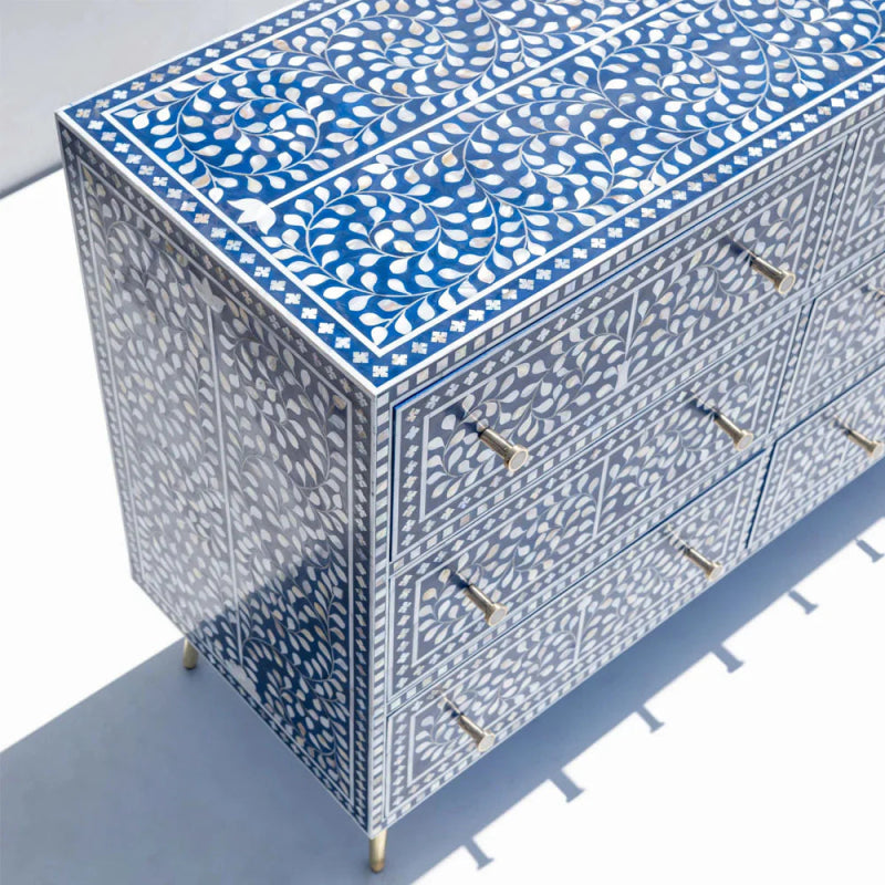 Handmade Bone Inlay Sky Blue & White Color Chest of Nine Dresser Chest of Drawers - Bone Inlay Furnitures