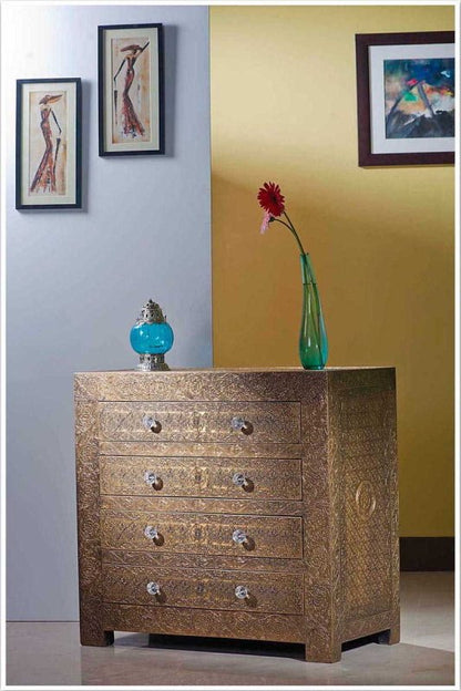 Handmade Brass Embossed Metal Dresser | Metal Chest of Drawer Drawer Dresser - Bone Inlay Furnitures