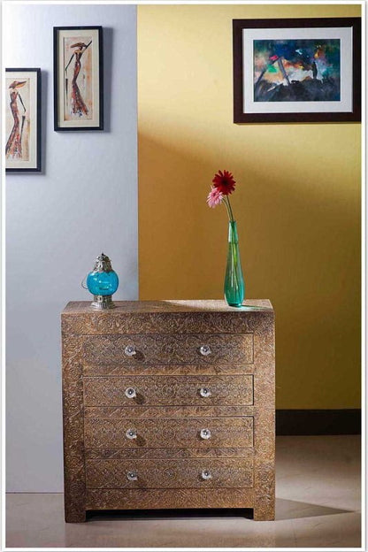 Handmade Brass Embossed Metal Dresser | Metal Chest of Drawer Drawer Dresser - Bone Inlay Furnitures