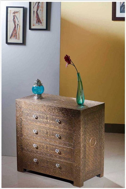 Handmade Brass Embossed Metal Dresser | Metal Chest of Drawer Drawer Dresser - Bone Inlay Furnitures