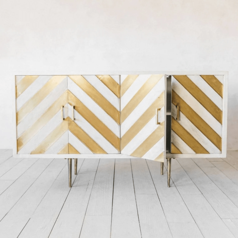 Handmade Brass embossed Sideboard | Chevron Brass, Gold and white Buffet Table Buffet & Sideboard - Bone Inlay Furnitures