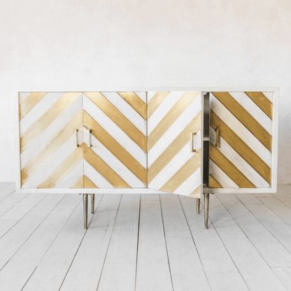 Handmade Brass embossed Sideboard | Chevron Brass, Gold and white Buffet Table Buffet & Sideboard - Bone Inlay Furnitures