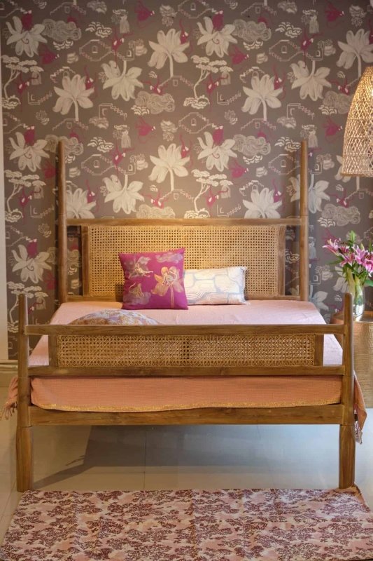 Handmade Cane Design Bed with Canopy Beds & Bed Frames - Bone Inlay Furnitures