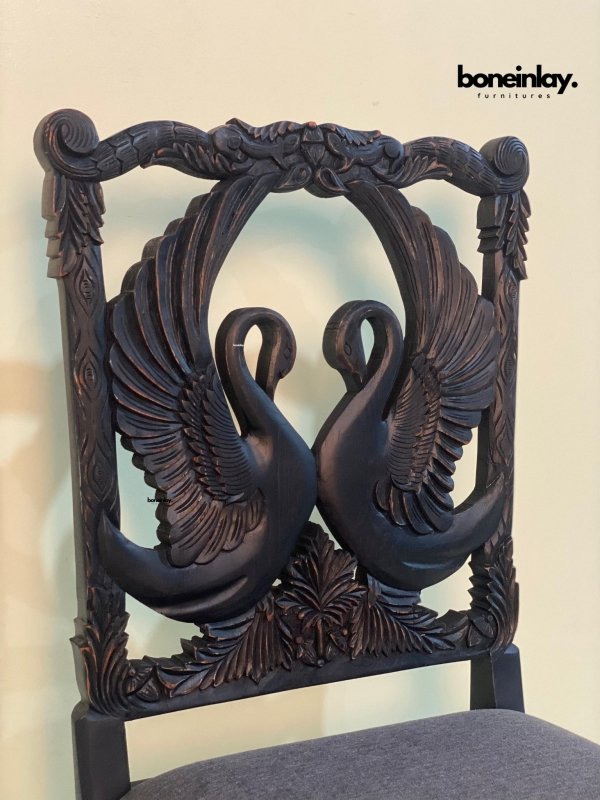 Handmade Craved Black Menagerie Dining Swan Chair Chair - Bone Inlay Furnitures