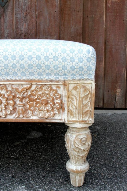 Handmade Craved Indian Traditional White Ottoman Ottoman - Bone Inlay Furnitures