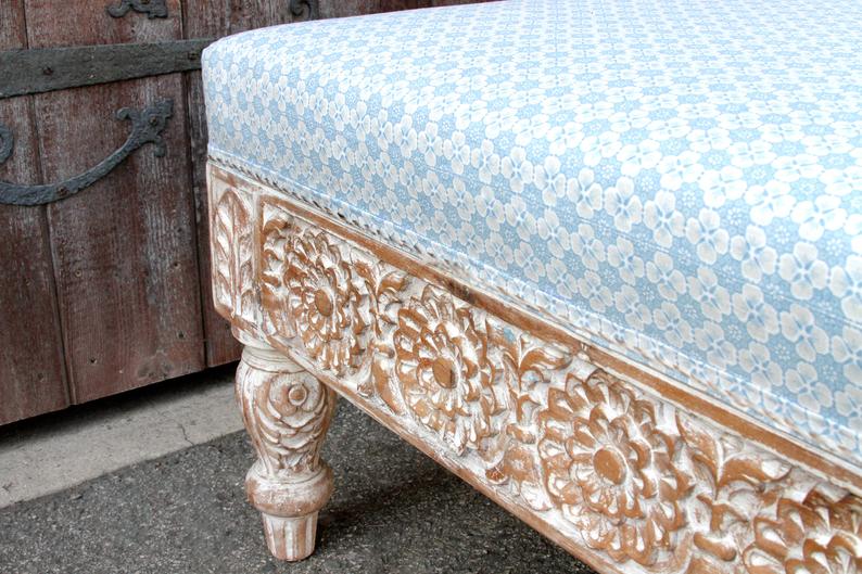 Handmade Craved Indian Traditional White Ottoman Ottoman - Bone Inlay Furnitures