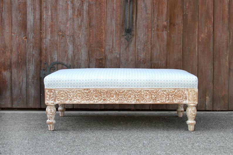 Handmade Craved Indian Traditional White Ottoman Ottoman - Bone Inlay Furnitures