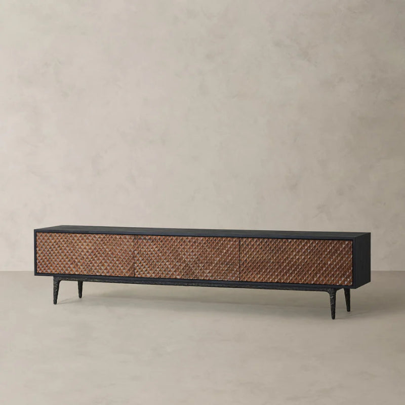 Handmade Designer Brown Teak Wood Aluminum Frame Media Console with Three Doors Media Console - Bone Inlay Furnitures