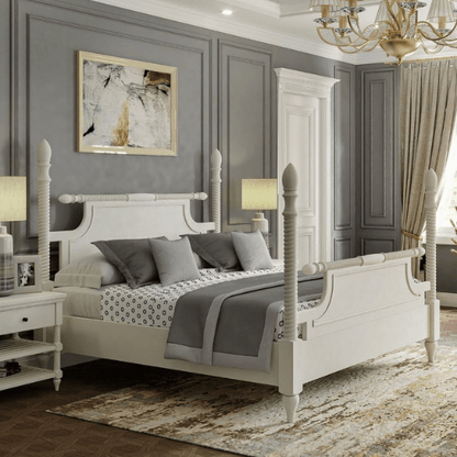 Handmade Designer White Color Solid Wooden Bed Beds & Bed Frames - Bone Inlay Furnitures