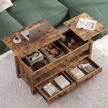 Handmade Dextyn Top Lift Coffee Table with Two Drawers for Storage Space Coffee Table - Bone Inlay Furnitures